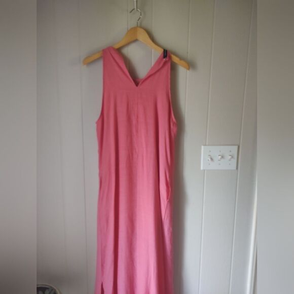 Faroro Pink Salmon Haltar Maxi Dress Macrame Crochet Neckline Large - Picture 2 of 6